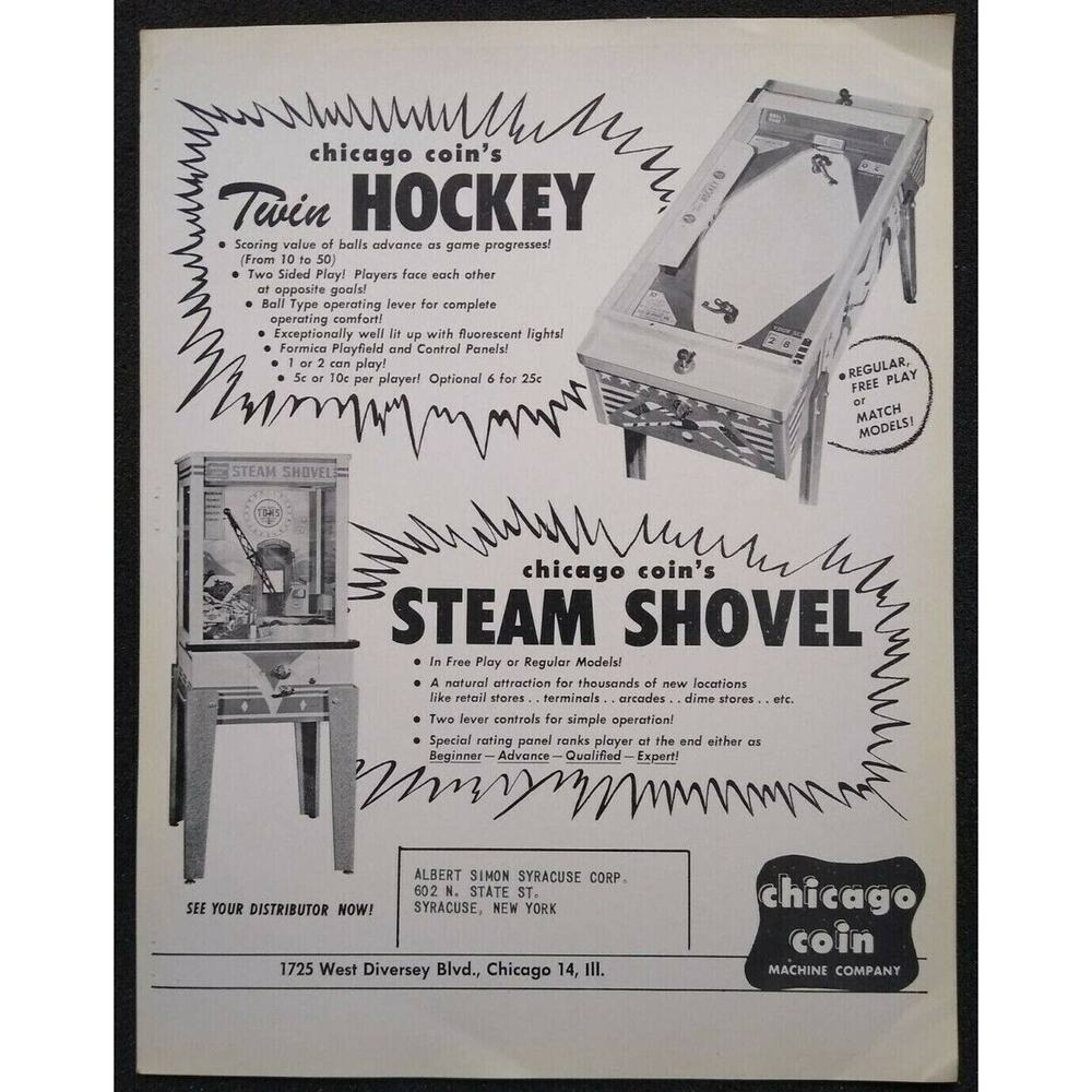 Steam Shovel & Twin Hockey Arcade FLYER Digger Game 1956 Original NOS